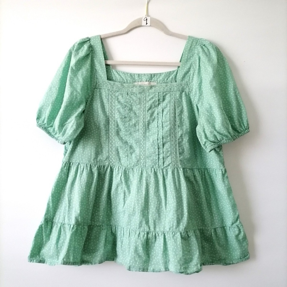 LOFT Green Ruffled Blouse with Puff Sleeves and Tiered Hem